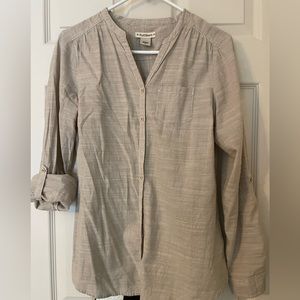 Ruff Hewn long or 3/4 sleeve khaki pinstripe button down shirt S
